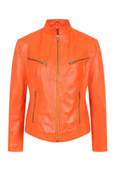 Women's Orange Genuine Leather Biker Jacket