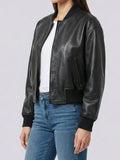 Black Snap Button Cropped Leather Bomber Jacket Womens