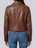 Women's Cognac Brown Cropped Leather Harrington Jacket