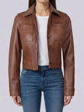 Women's Cognac Brown Cropped Leather Harrington Jacket