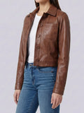 Women's Cognac Brown Cropped Leather Harrington Jacket