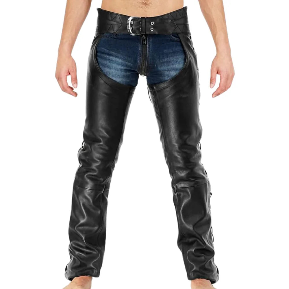 Men's black belted genuine leather motorcycle chaps with full-length side zippers by SOVR Leather