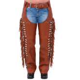 Men's brown Western leather chaps with fringe and beaded detailing by SOVR Leather