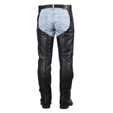 Men's black zip leg genuine leather motorcycle chaps with adjustable waist by SOVR Leather
