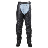 Men's black zip leg genuine leather motorcycle chaps with adjustable waist by SOVR Leather