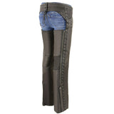 Women's black leather chaps handcrafted by SOVR Leather