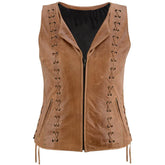 Women's Brown Genuine Leather Zippered Motorcycle Vest with Lacing