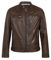 Men's brown genuine leather motorcycle jacket front view with stand-up collar by SOVR Leather