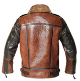 Back view of men's distressed brown B-3 leather bomber jacket