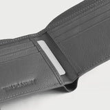 Interior of men's grey genuine leather wallet showing cash and card compartments