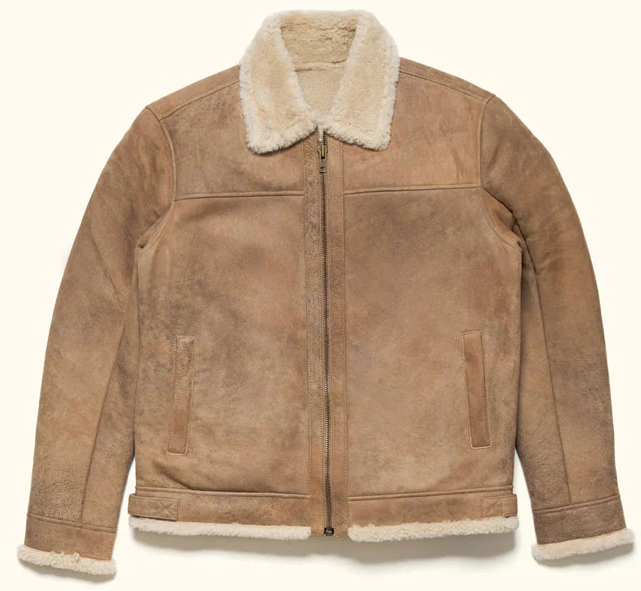 Men's genuine leather shearling collar aviator bomber jacket front view by SOVR Leather