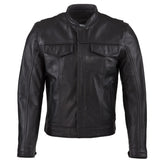 Rebel men's black full-grain cowhide leather motorcycle jacket front view by SOVR Leather