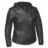 Women's 3-in-1 genuine leather motorcycle jacket with removable hoodie front view by SOVR Leather