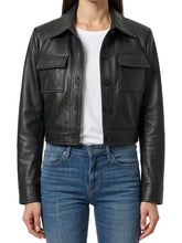 Women's black cropped Harrington lambskin leather jacket front view by SOVR Leather