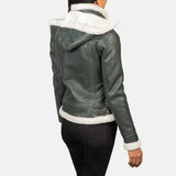 Back view of women's black hooded shearling leather jacket