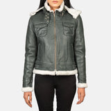 Women's black genuine sheepskin hooded shearling leather jacket front view by SOVR Leather