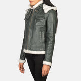 Side profile of women's black sheepskin leather shearling jacket