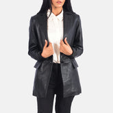 Women's black genuine leather single-button blazer front view by SOVR Leather