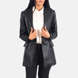 Women's black genuine leather single-button blazer front view by SOVR Leather