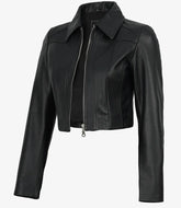 Women's black zip-up cropped lambskin leather jacket front view by SOVR Leather