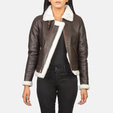 Women's brown genuine leather shearling bomber jacket front view by SOVR Leather