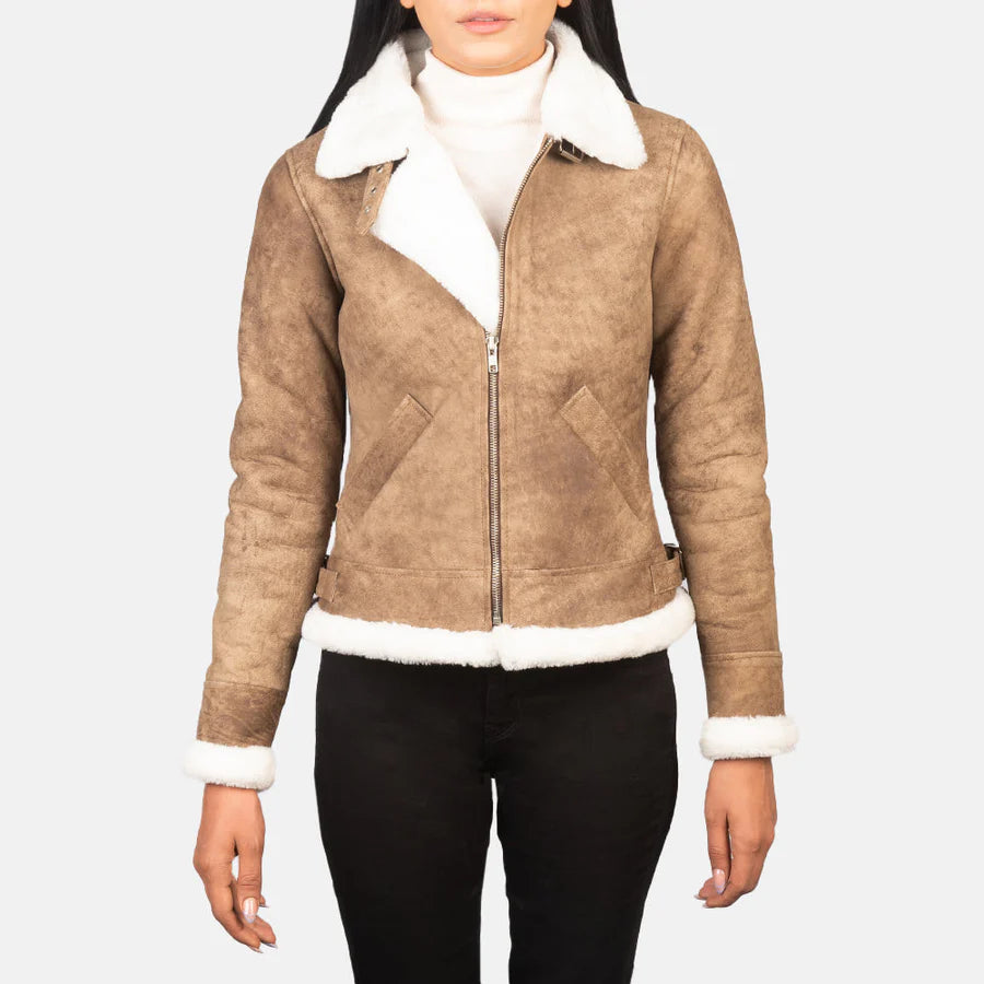 Women's distressed brown genuine sheepskin B-3 shearling bomber jacket front view by SOVR Leather