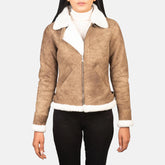 Women's distressed brown genuine sheepskin B-3 shearling bomber jacket front view by SOVR Leather