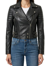 Women's Eclipse black cropped moto lambskin leather jacket front view by SOVR Leather