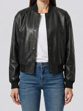 Women's Nova black cropped lambskin bomber jacket front view by SOVR Leather