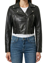 Women's Raven black cropped biker leather jacket front view by SOVR Leather