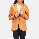 Women's tan cotton corduroy blazer front view by SOVR Leather