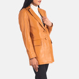Back view of women's tan genuine leather blazer