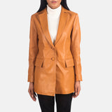 Women's tan genuine leather blazer front view by SOVR Leather