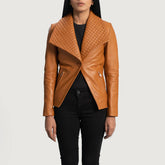 Women's tan genuine sheepskin leather blazer front view by SOVR Leather