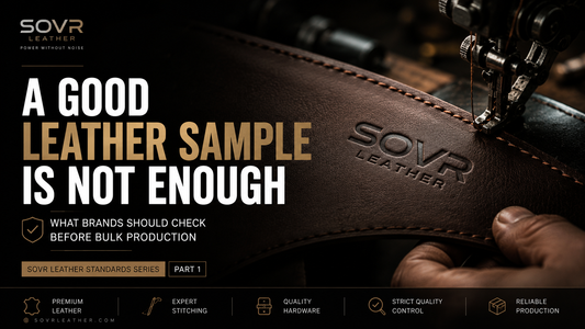 SOVR Leather blog banner showing premium leather stitching, embossed branding, and the article title 'A Good Leather Sample Is Not Enough' about leather manufacturing standards.