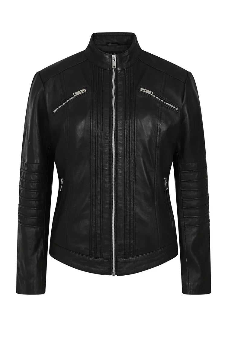 Women's Stand Collar Genuine Leather Motorcycle Jacket
