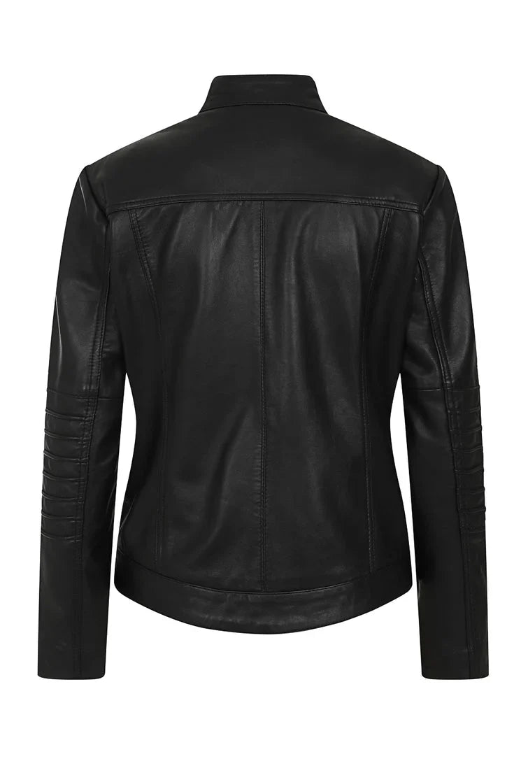 Women's Stand Collar Genuine Leather Motorcycle Jacket