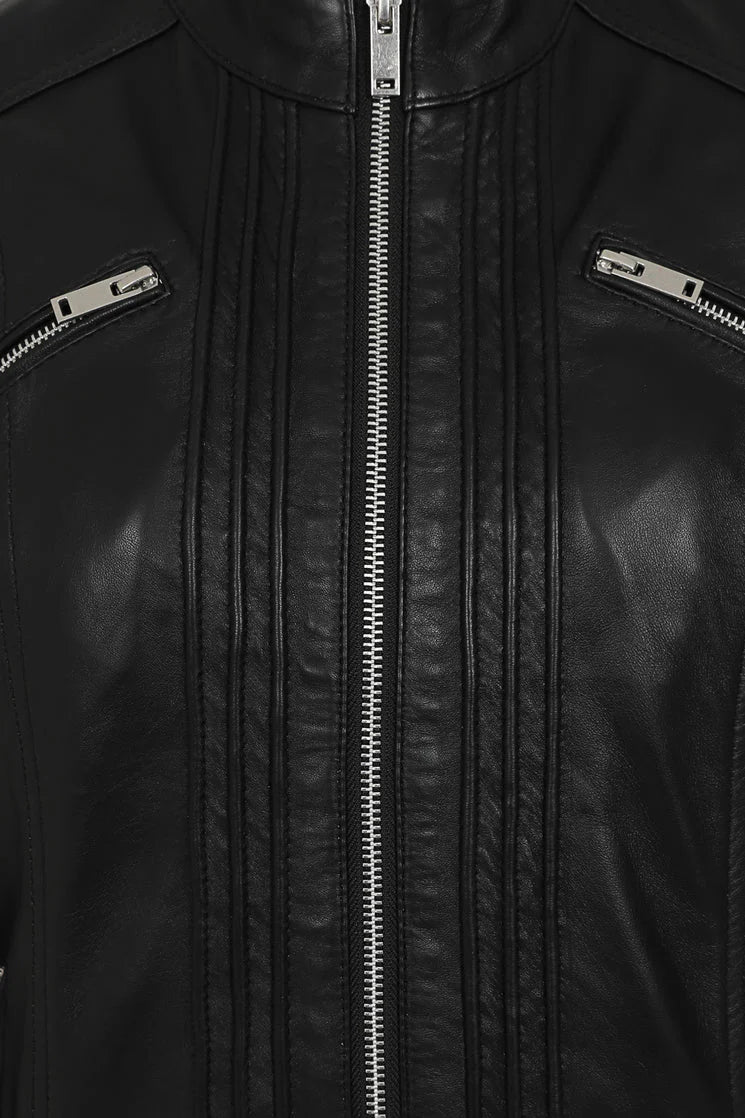 Women's Stand Collar Genuine Leather Motorcycle Jacket