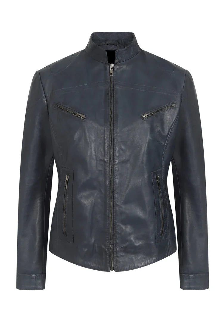 Women's Sky Blue Genuine Leather Biker Jacket – Nicely Fitted