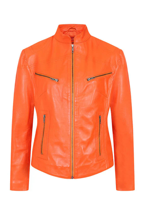 Women's Orange Genuine Leather Biker Jacket
