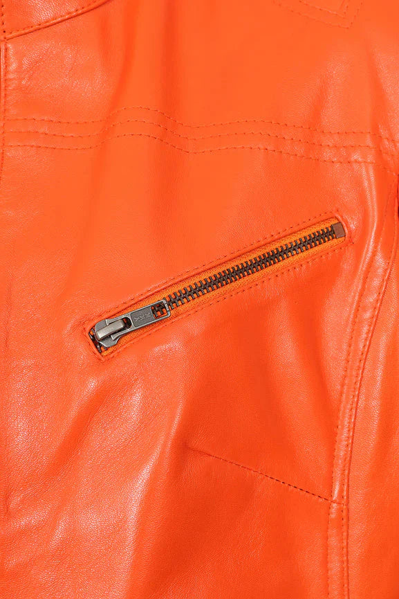Women's Orange Genuine Leather Biker Jacket