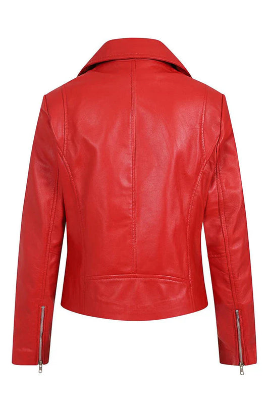 Women's Red Genuine Smooth Leather Biker Jacket
