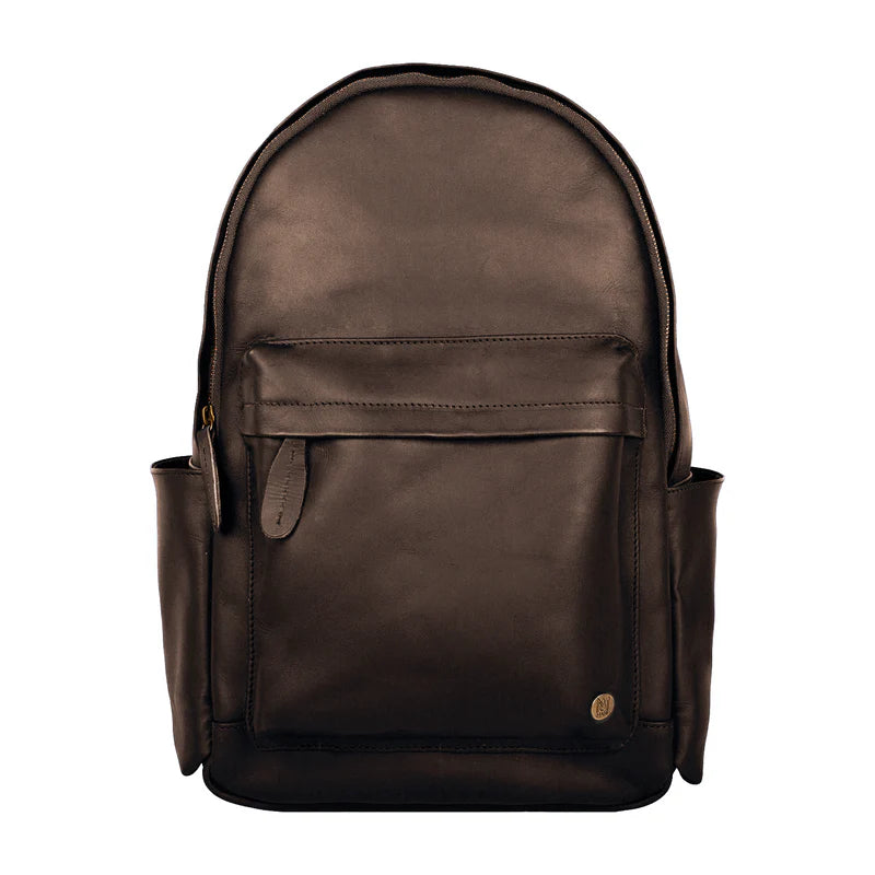 Men's Summit full-grain leather laptop backpack front view by SOVR Leather