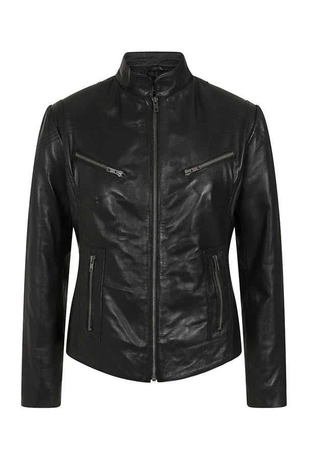 Women's Petite Black Genuine Leather Motorcycle Jacket