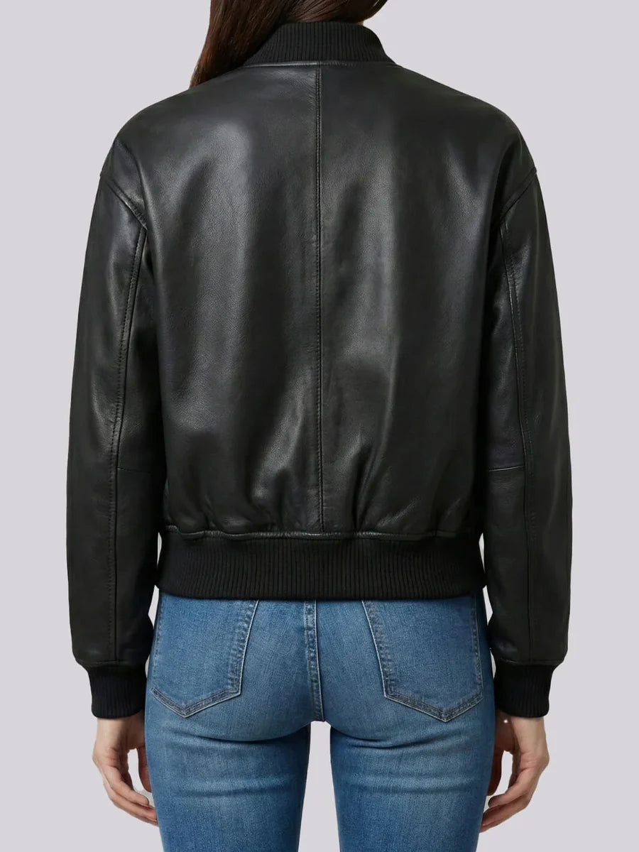 Black Snap Button Cropped Leather Bomber Jacket Womens