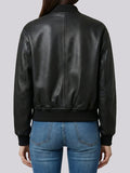 Black Snap Button Cropped Leather Bomber Jacket Womens