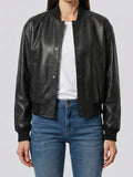 Black Snap Button Cropped Leather Bomber Jacket Womens