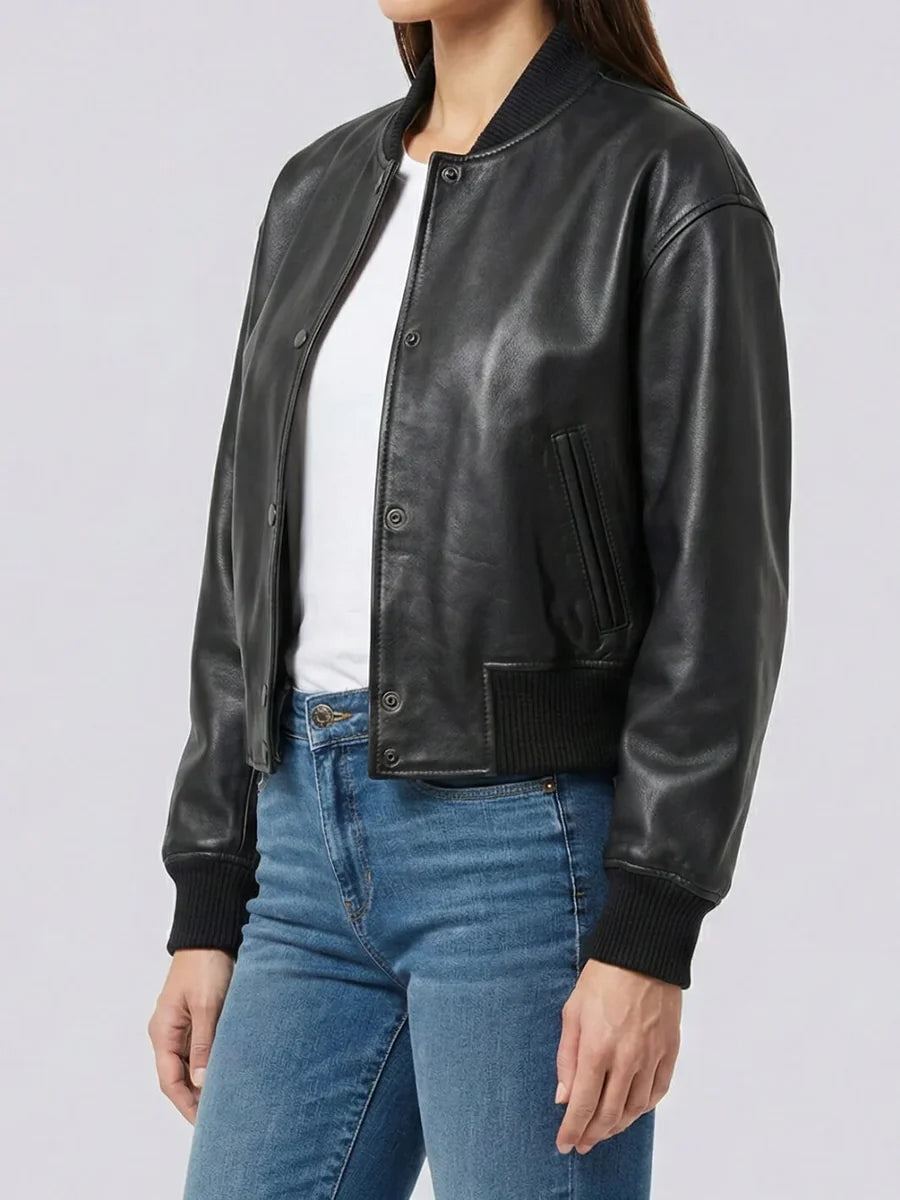 Black Snap Button Cropped Leather Bomber Jacket Womens