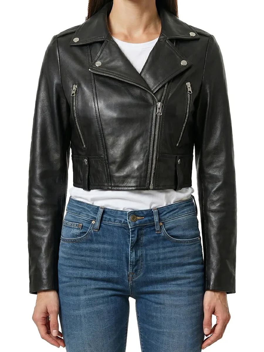 Women’s Cropped Black Biker Style Leather Jacket