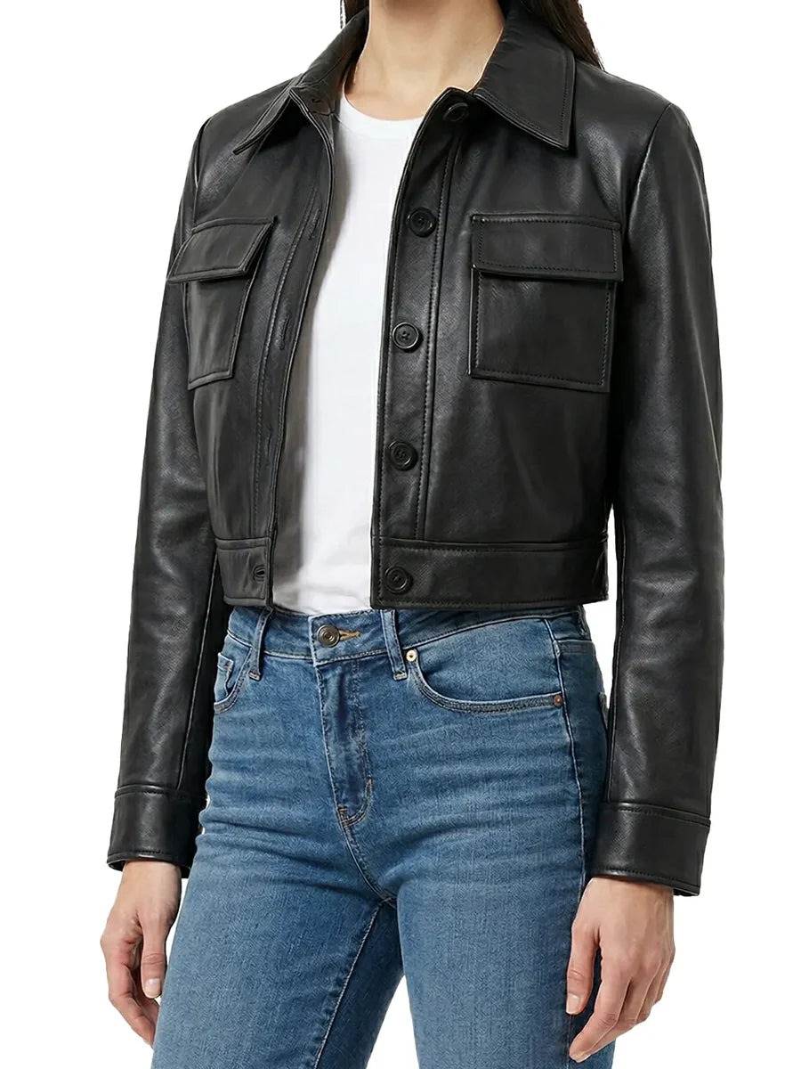 Freddie Women’s Black Harrington Cropped Real Leather Jacket